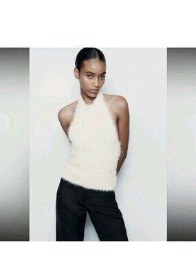 Zara White Fuzzy Halter Sweater Top Pullover Medium